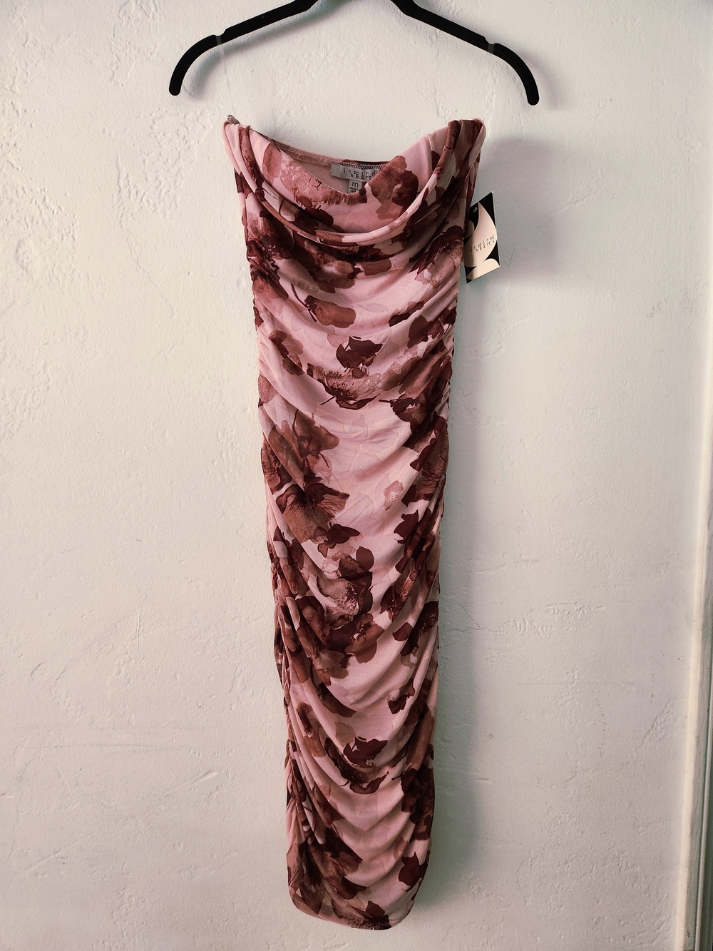 Inspired Hearts Strapless Pink and Brown Floral Ruched Midi Dress